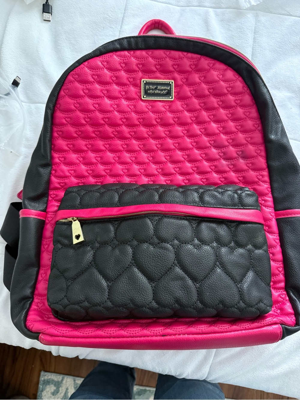 Betsey Johnson Hot Pink and Black Quilted Heart Backpack